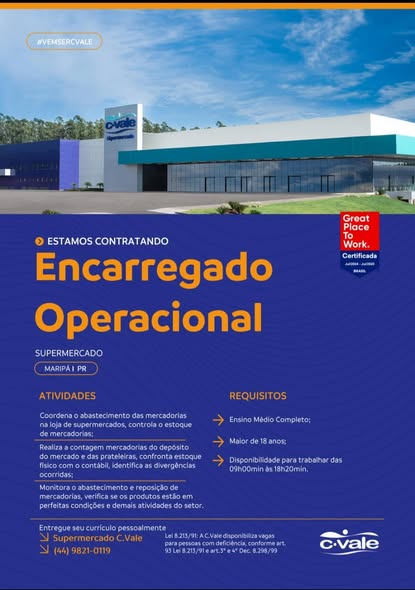 Atenção para vagas de emprego na C-Vale em Maripa