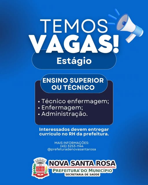 Secretaria de Saúde de Nova Santa Rosa abre vagas de estágio em diversas áreas