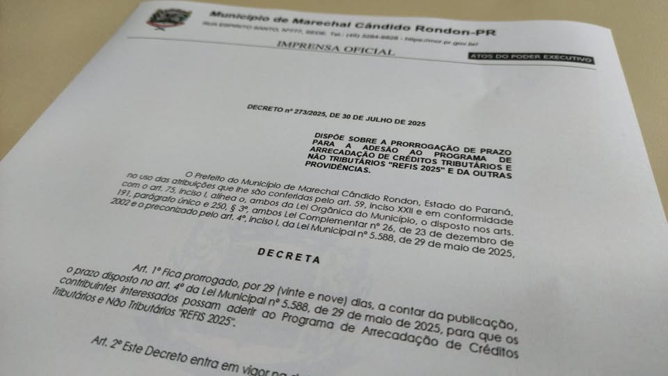 Prazo para adesão ao REFIS 2025 de Marechal Rondonk segue até 30 de agosto