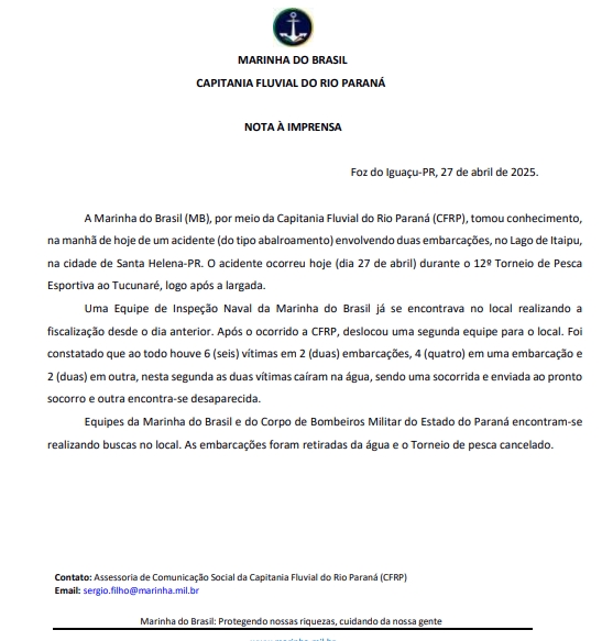 Marinha do Brasil divulga nota sobre o acidente envolvendo embarcações no torneio de pesca esportiva em Santa Helena