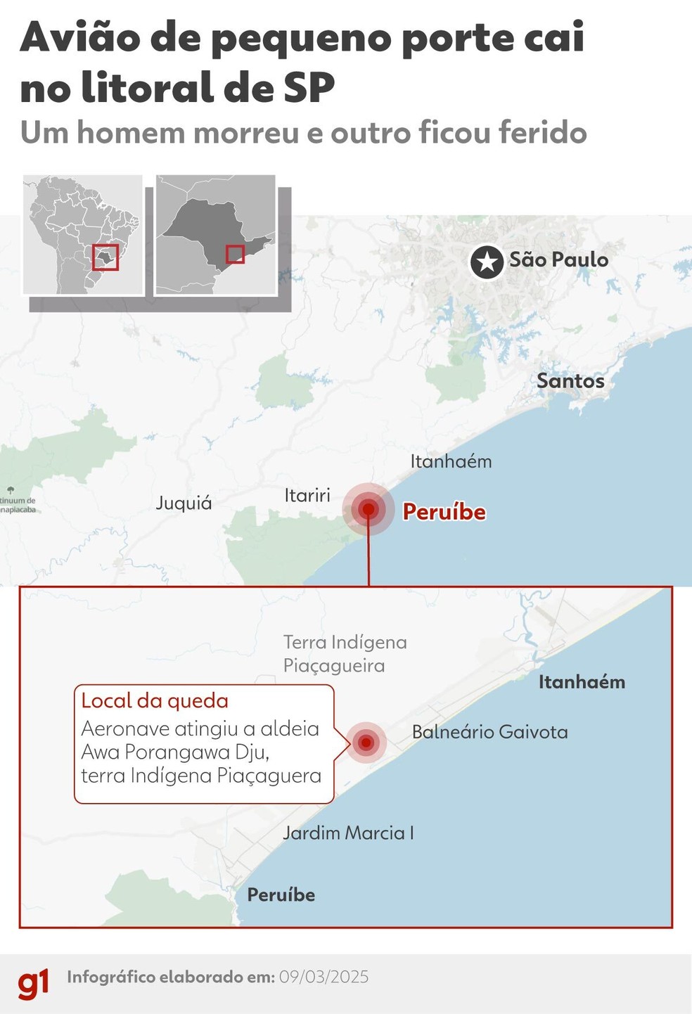 Avião cai em aldeia indígena e deixa um morto e um ferido no litoral de SP — Foto: g1