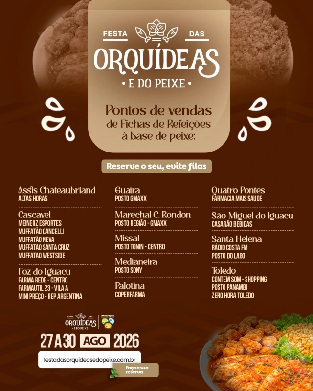 Fichas para refeições à base de peixe da 26ª Festa das Orquídeas e do Peixe já estão à venda em pontos da região Oeste