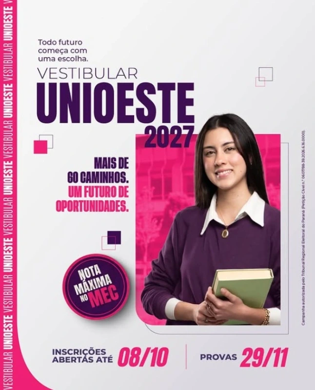 Inscrições abertas do Vestibular 2027 da Unioeste: campus de Marechal Cândido Rondon oferece 10 cursos de graduação
