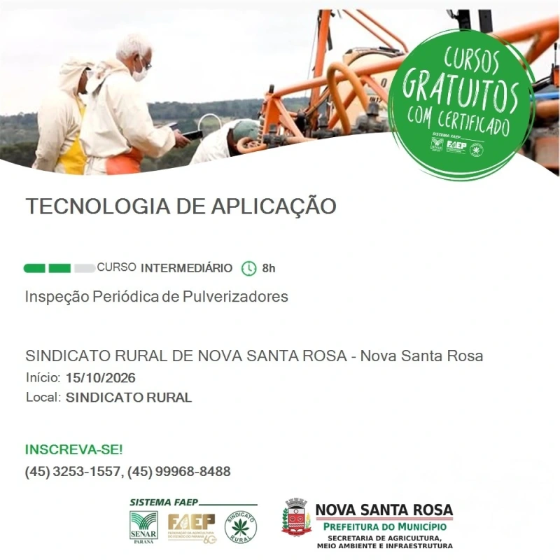 Curso gratuito de Tecnologia de Aplicação terá cinco datas disponíveis em Nova Santa Rosa