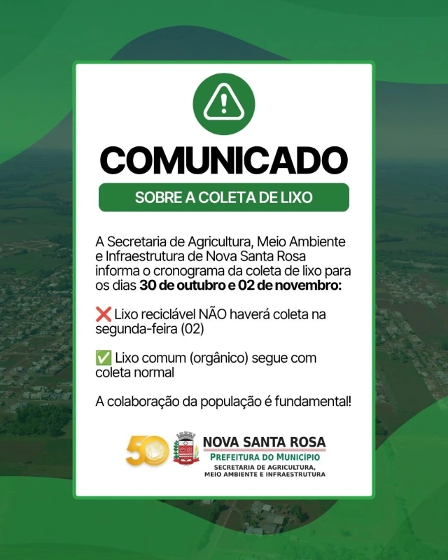 Prefeitura de Nova Santa Rosa informa alterações na coleta de lixo para o feriado de Finados