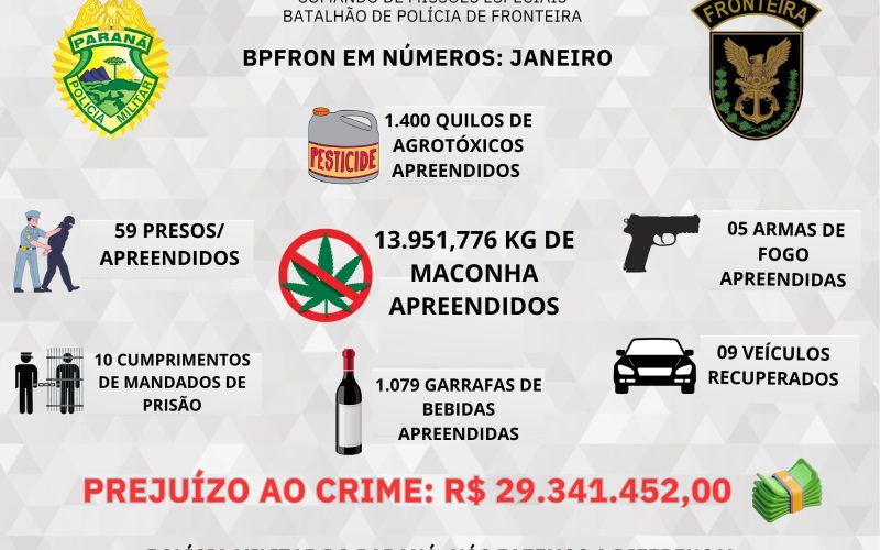 Numeros do BPFRON no mes de janeiro: prejuízo aos criminosos ultrapassou os 29 milhões de reais