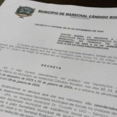 Definidos os horários de funcionamento das repartições públicas municipais rondonenses neste final de ano e início de 2026