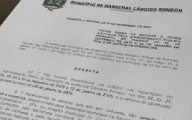 Definidos os horários de funcionamento das repartições públicas municipais rondonenses neste final de ano e início de 2026
