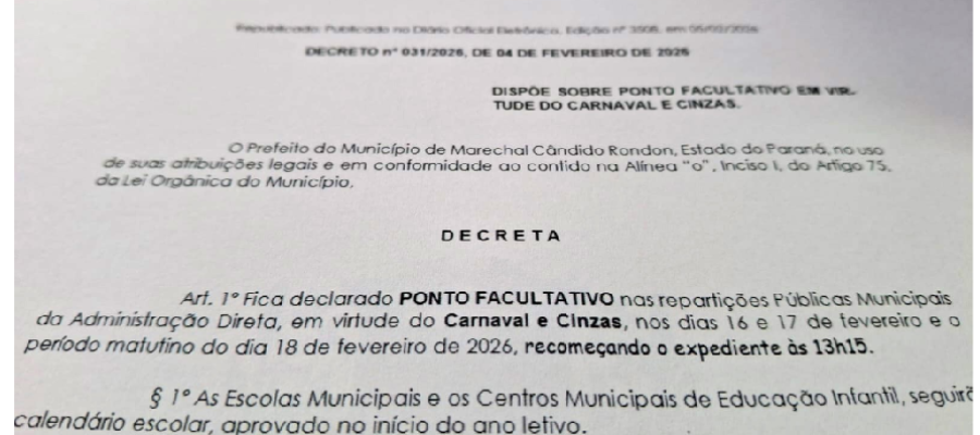 Prefeitura terá ponto facultativo nas repartições públicas em virtude do Carnaval