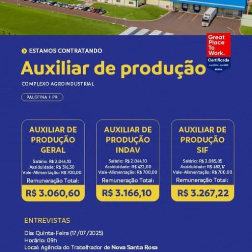 C.Vale realizará entrevistas de emprego para a contratação de auxiliares de produção na quinta-feira (17)