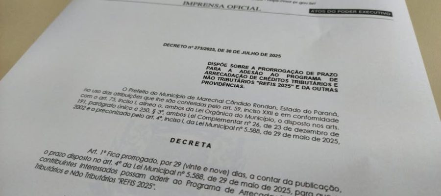 Prazo para adesão ao REFIS 2025 de Marechal Rondonk segue até 30 de agosto