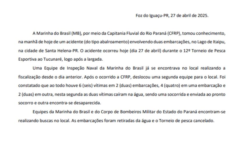 Marinha do Brasil divulga nota sobre o acidente envolvendo embarcações no torneio de pesca esportiva em Santa Helena