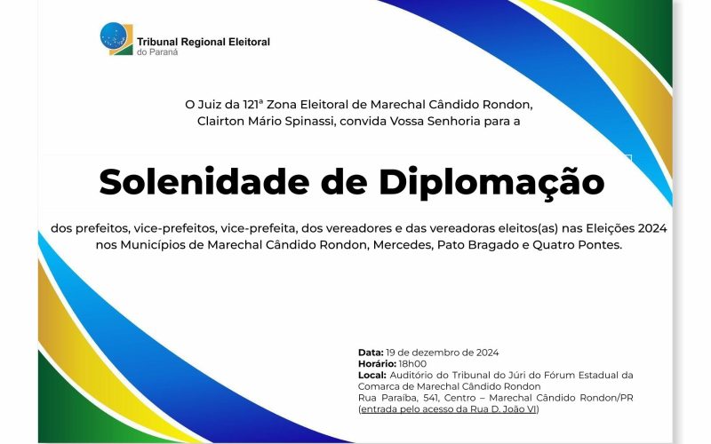 Prefeitos, vices e vereadores eleitos da comarca de Marechal Rondon serão diplomados nesta quinta-feira (19).